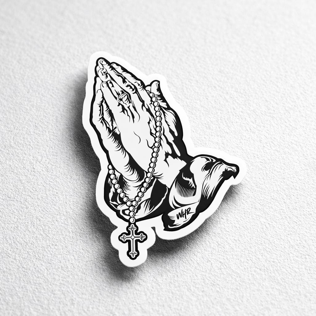 Praying Hands Rosary Sticker, Tattoo Style Christian Decal, Faith Laptop Water Bottle