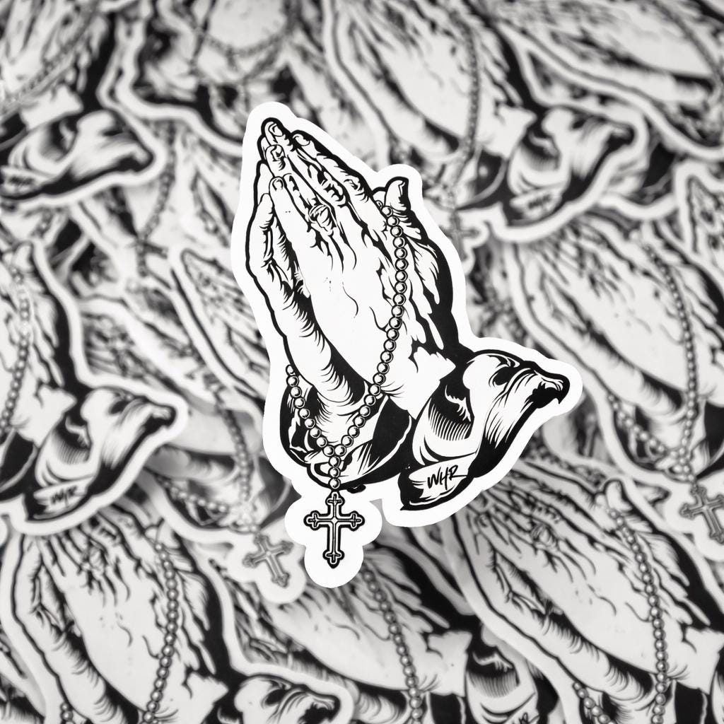 Praying Hands Rosary Sticker, Tattoo Style Christian Decal, Faith Laptop Water Bottle