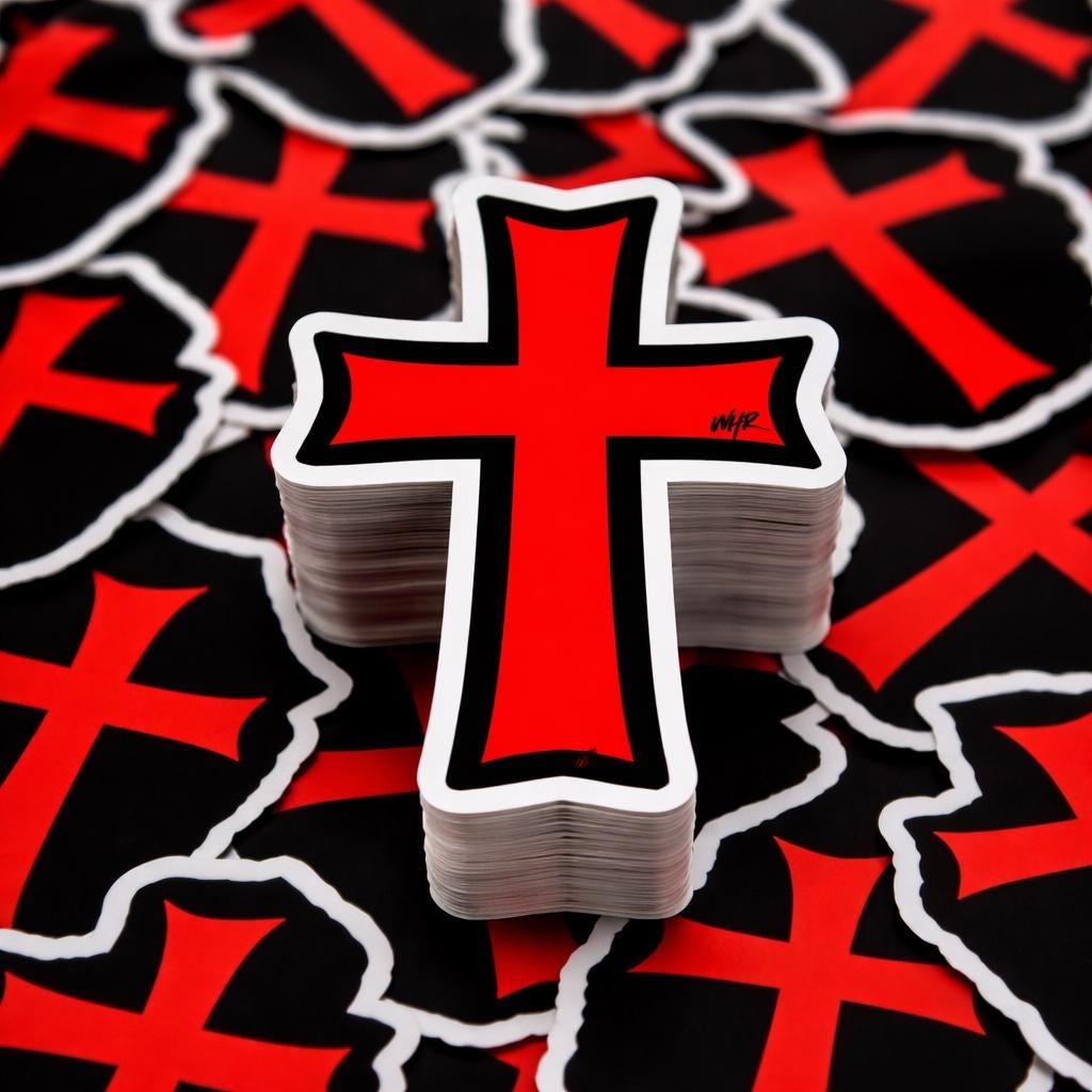 Red Crusader Cross Sticker, Waterproof Vinyl Faith Decal (Laptop, Car)
