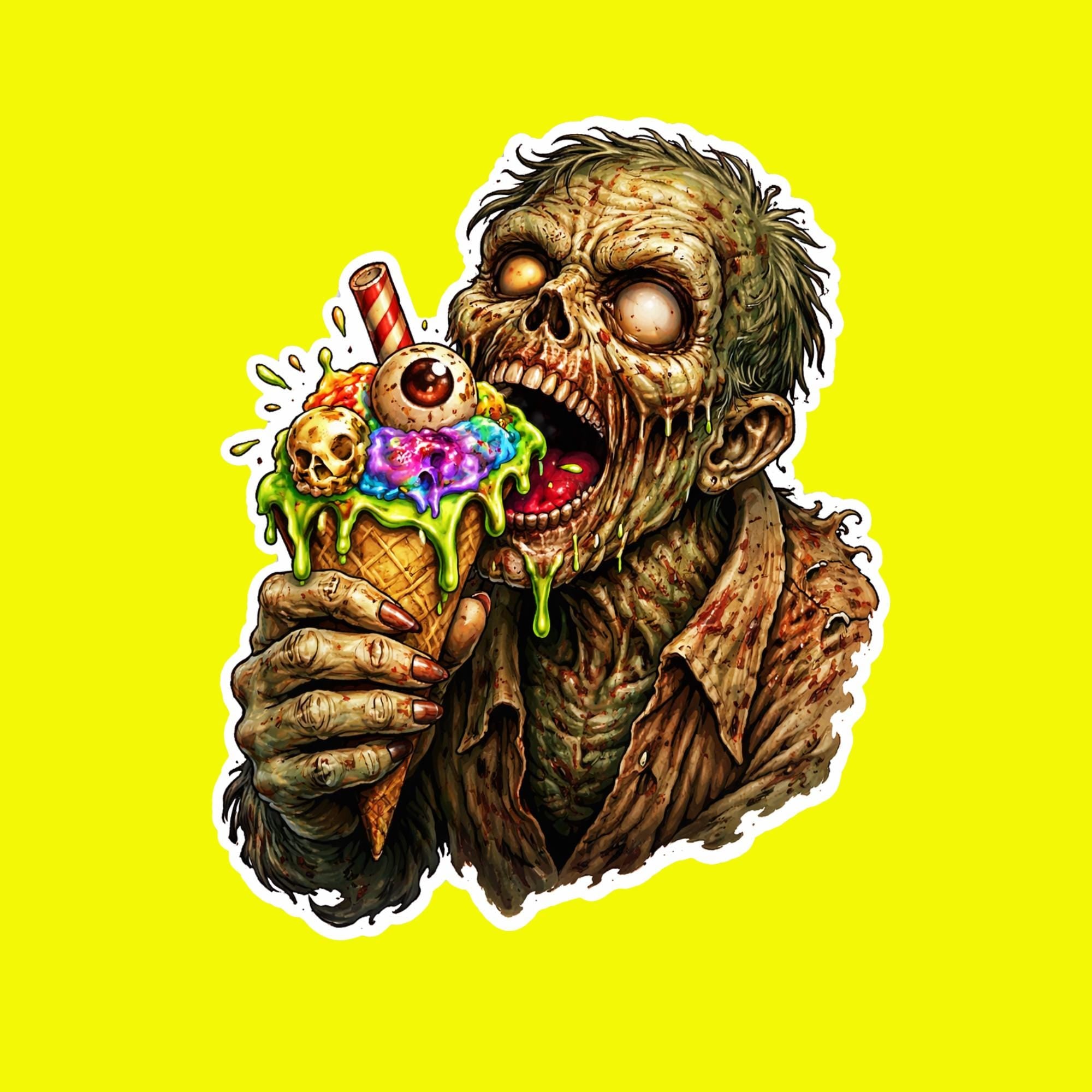 Zombie Ice Cream Cone Sticker, Creepy Horror Dessert Decal, Weird Food Vinyl Laptop Sticker