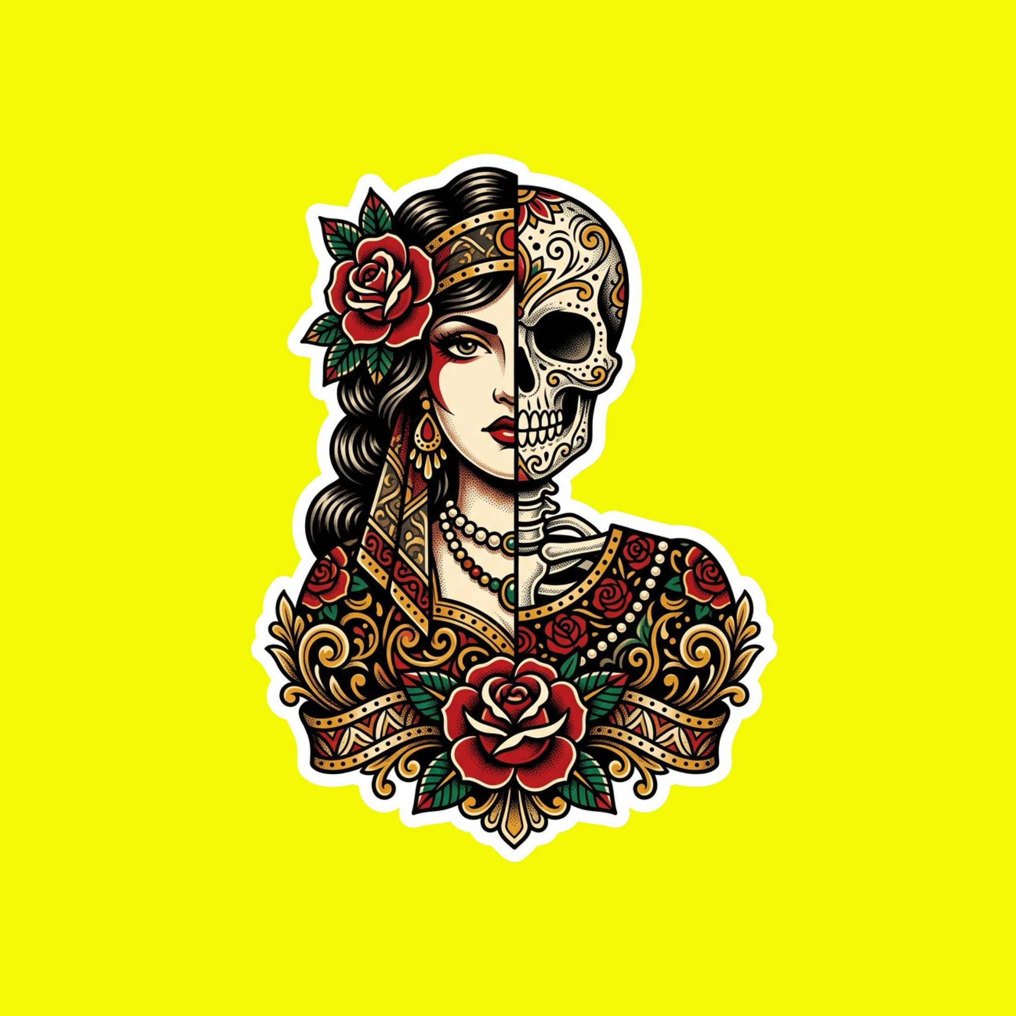 Gothic Sticker, Half Woman Half Sugar Skull, Day of the Dead Beauty Decal, Gothic Tattoo Style Skull Woman Sticker for Laptop Water Bottle