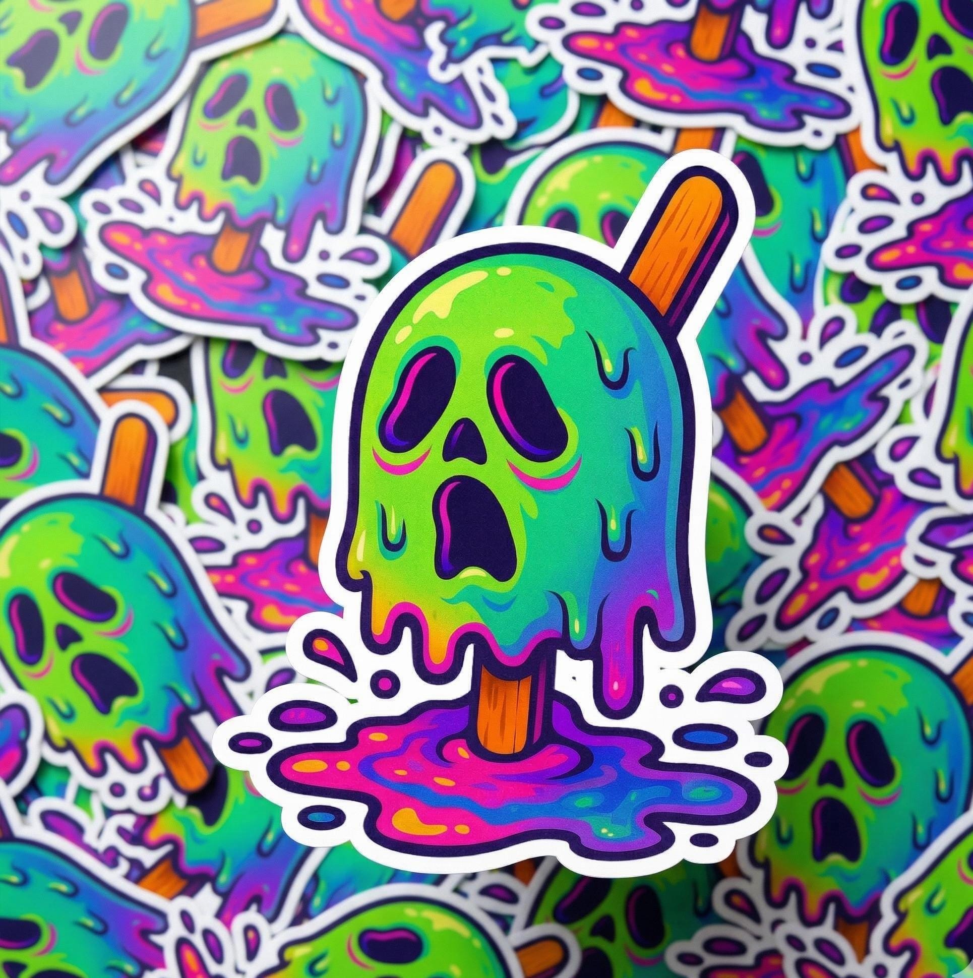 Horror Sticker, Neon Melting Ghost Popsicle, Spooky Halloween Vinyl Decal
