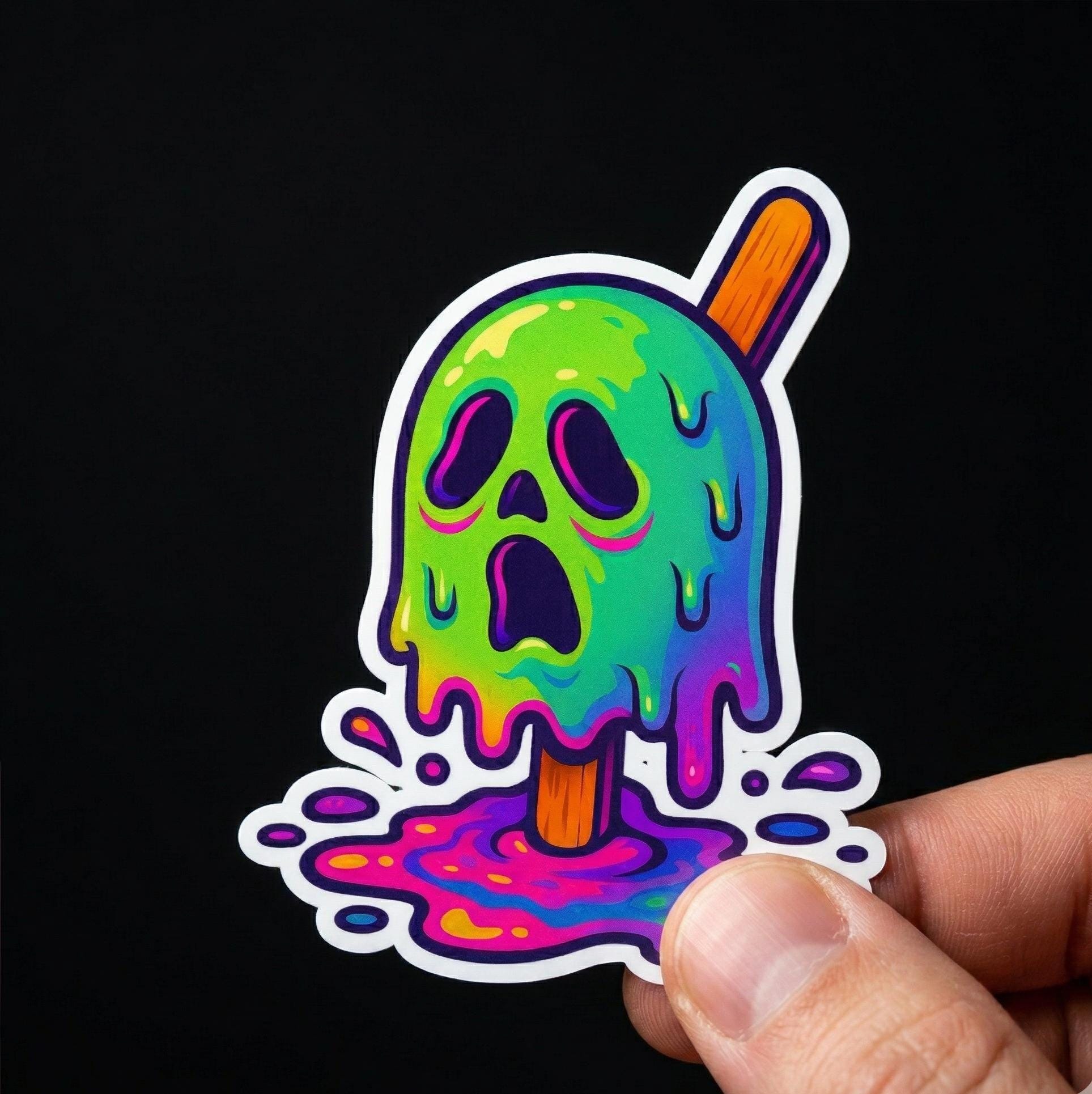Horror Sticker, Neon Melting Ghost Popsicle, Spooky Halloween Vinyl Decal