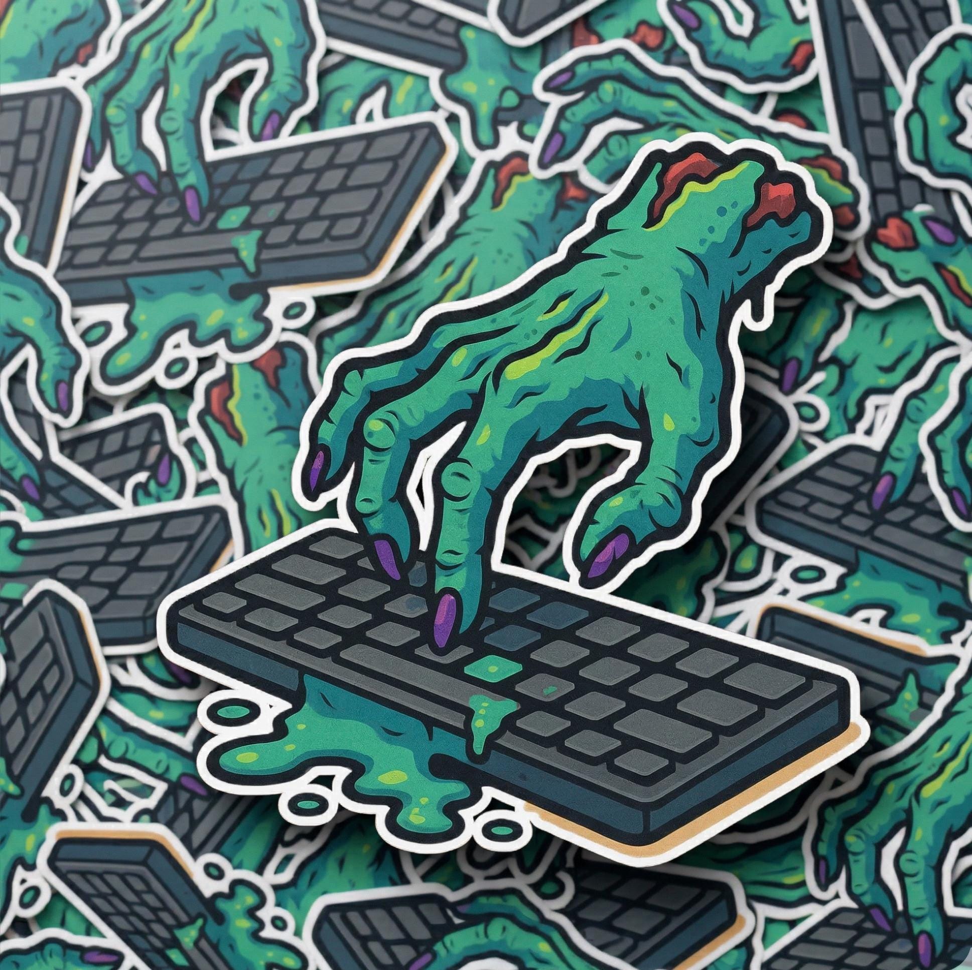 Horror Sticker, Zombie Hand Typing, Tech Decal, Waterproof Vinyl Laptop Sticker