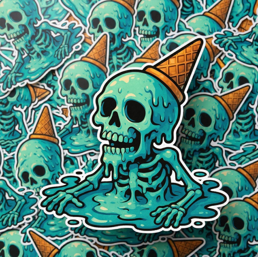 Skull Sticker, Melting Skeleton Ice Cream, Spooky Decal, Waterproof Vinyl Laptop Sticker