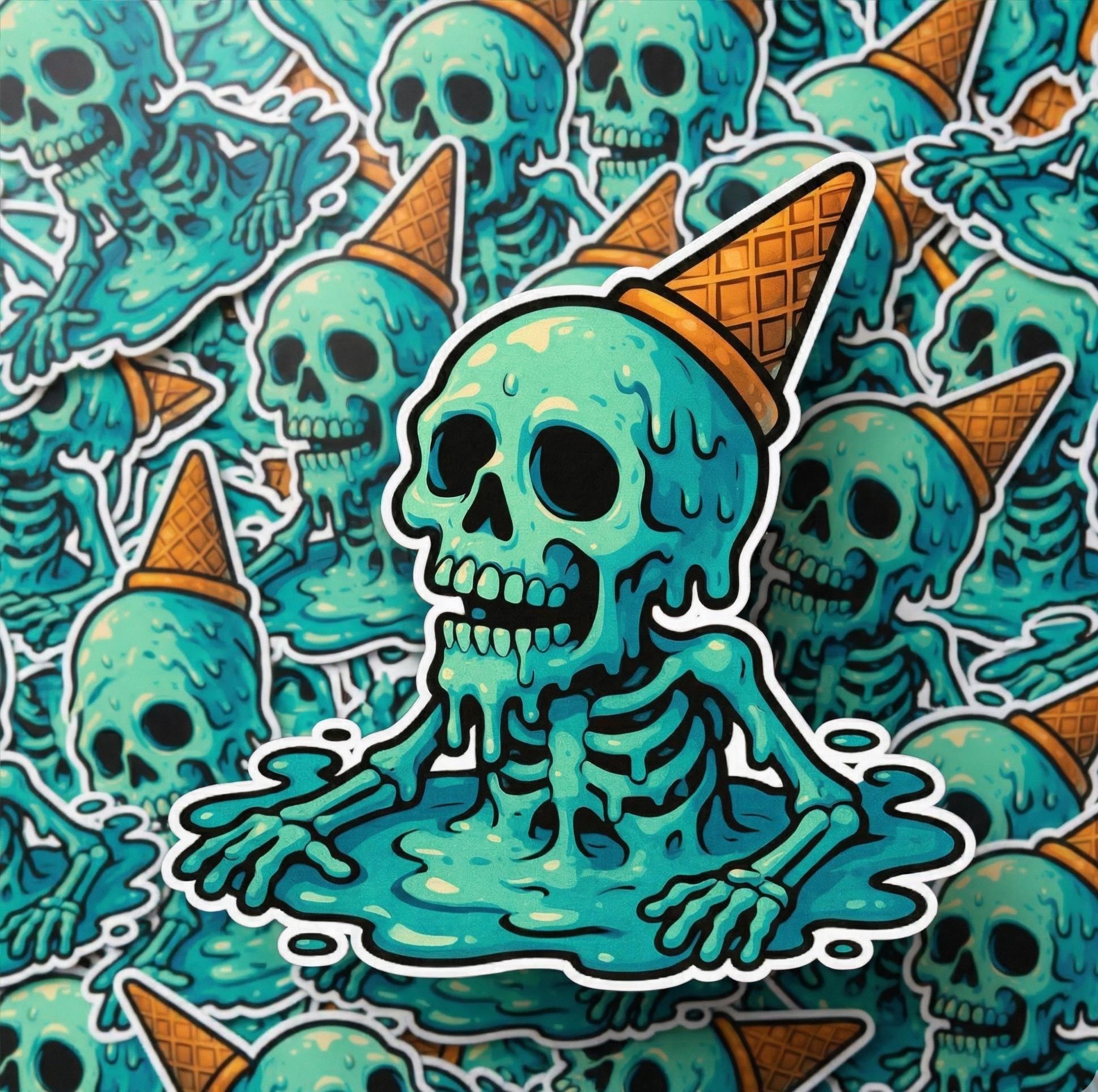 Skull Sticker, Melting Skeleton Ice Cream, Spooky Decal, Waterproof Vinyl Laptop Sticker