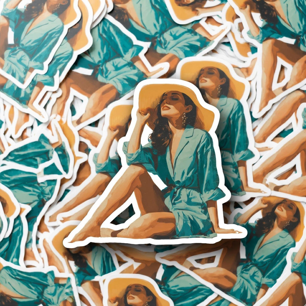Water Bottle Sticker, Woman in Sun Dress Beach Sticker, Summer Coastal Vinyl Decal