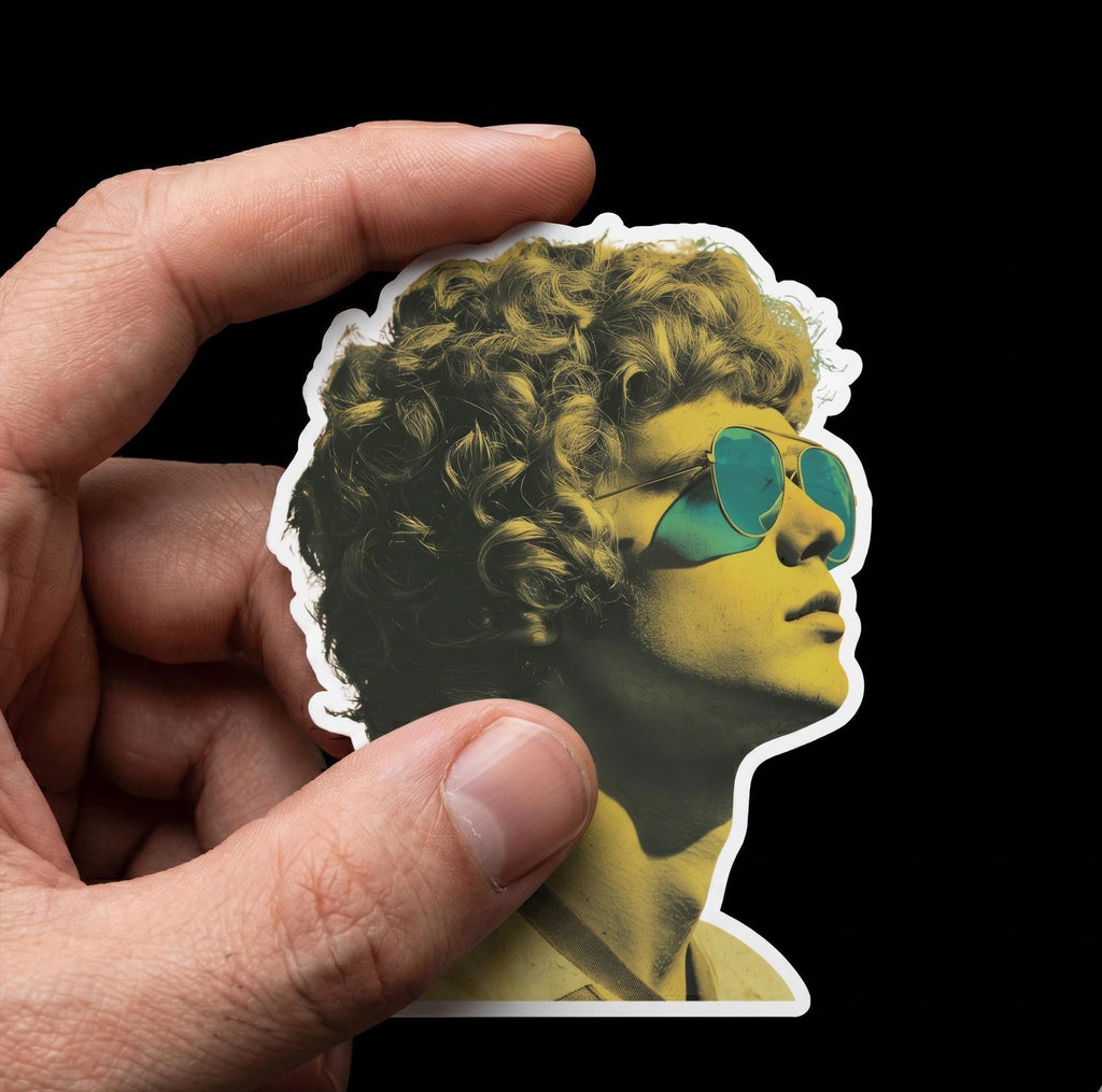 Retro Hipster Man Sticker, 70s Style Blue Sunglasses Decal (2.5"x2.5")