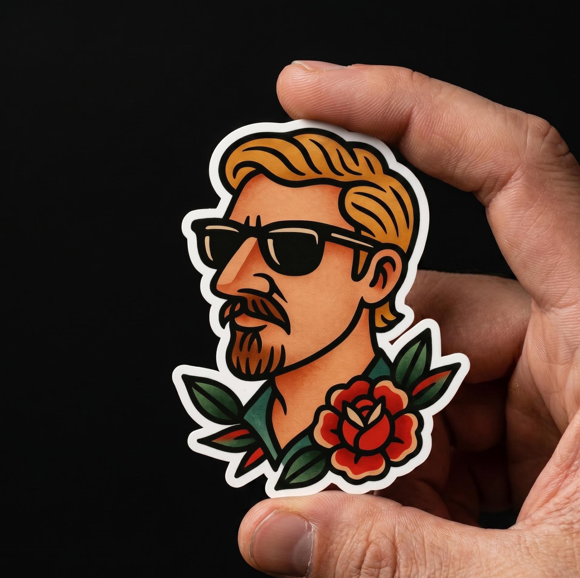 Traditional Tattoo Surfer Sticker, Blonde Hair Hawaiian Shirt Decal (2.5"x2.5")
