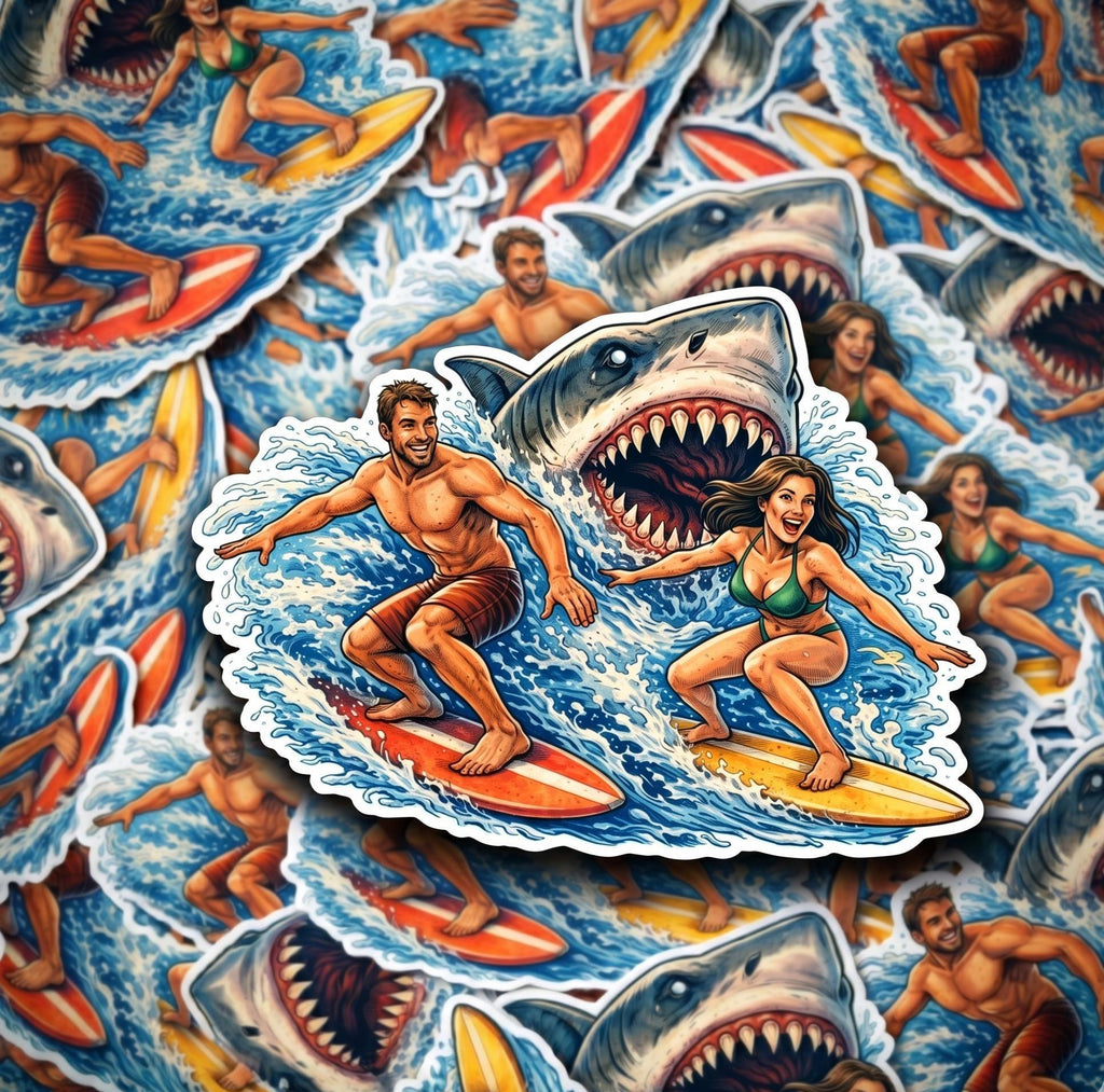 Surfing Sticker, White Shark Chasing Surfers, Intense Ocean Wildlife Decal