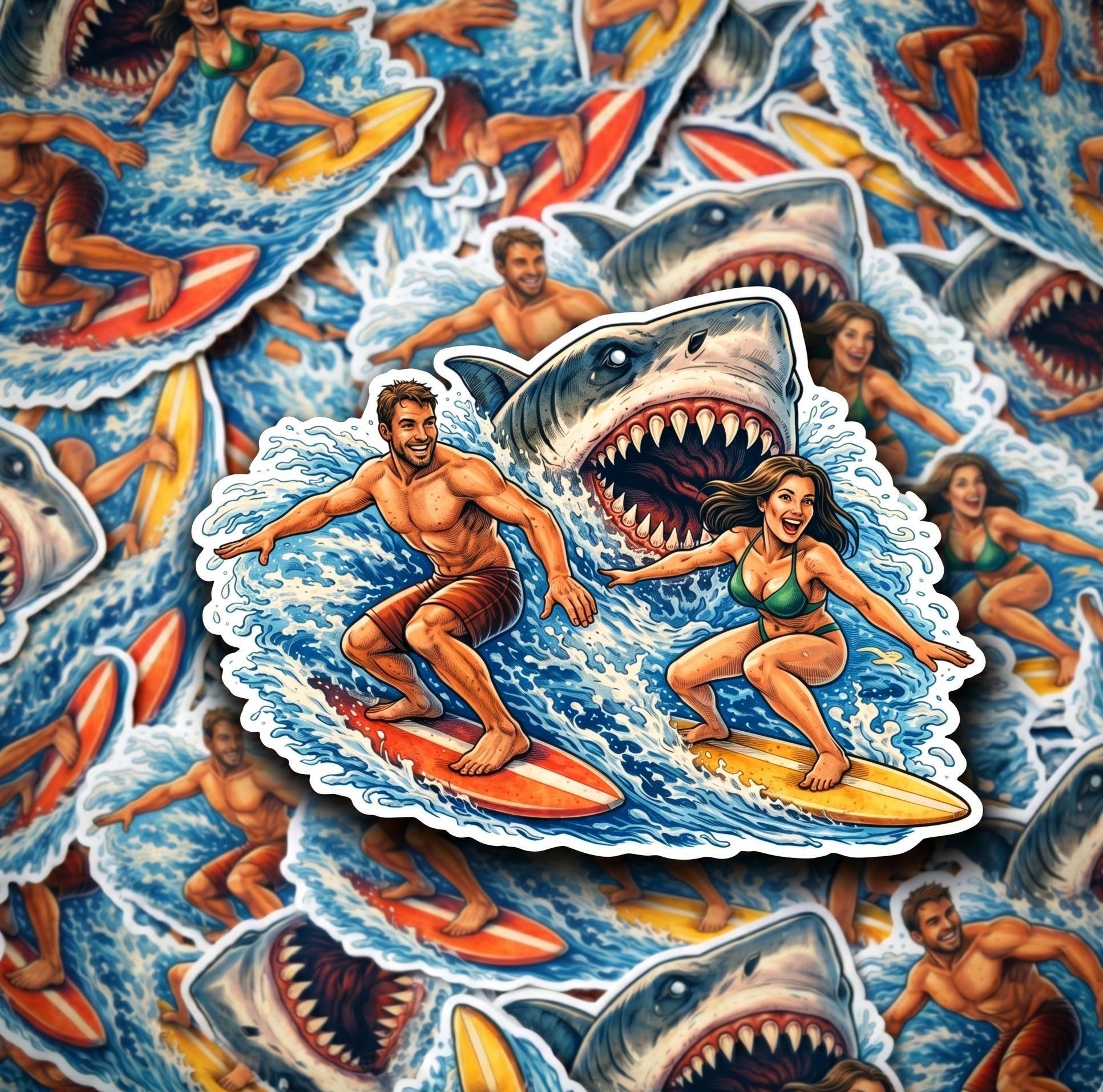 Surfing Sticker, White Shark Chasing Surfers, Intense Ocean Wildlife Decal