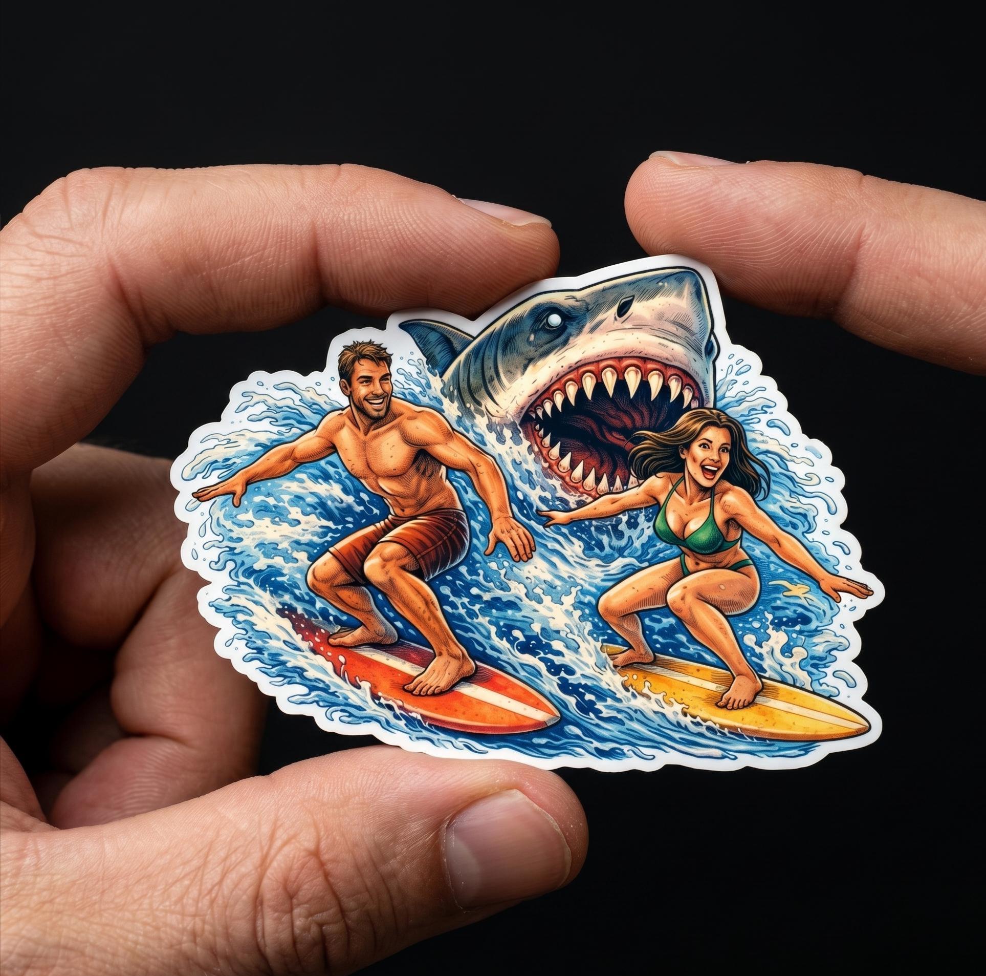 Surfing Sticker, White Shark Chasing Surfers, Intense Ocean Wildlife Decal
