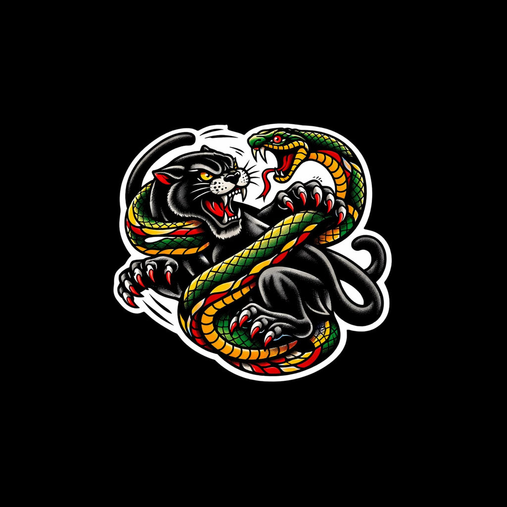 Panther vs Snake Traditional Tattoo Sticker, Old School Animal Fight Decal