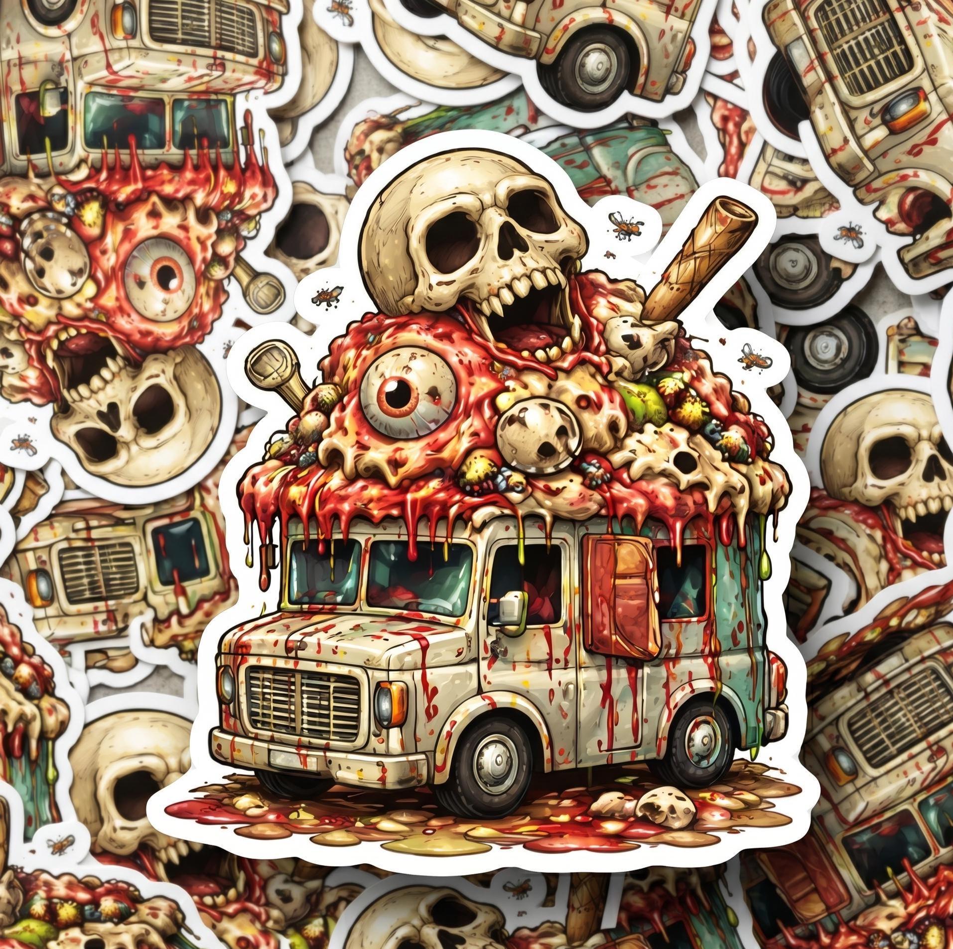 Horror Ice Scream Truck Sticker, Spooky Halloween Vinyl Decal (Waterproof)