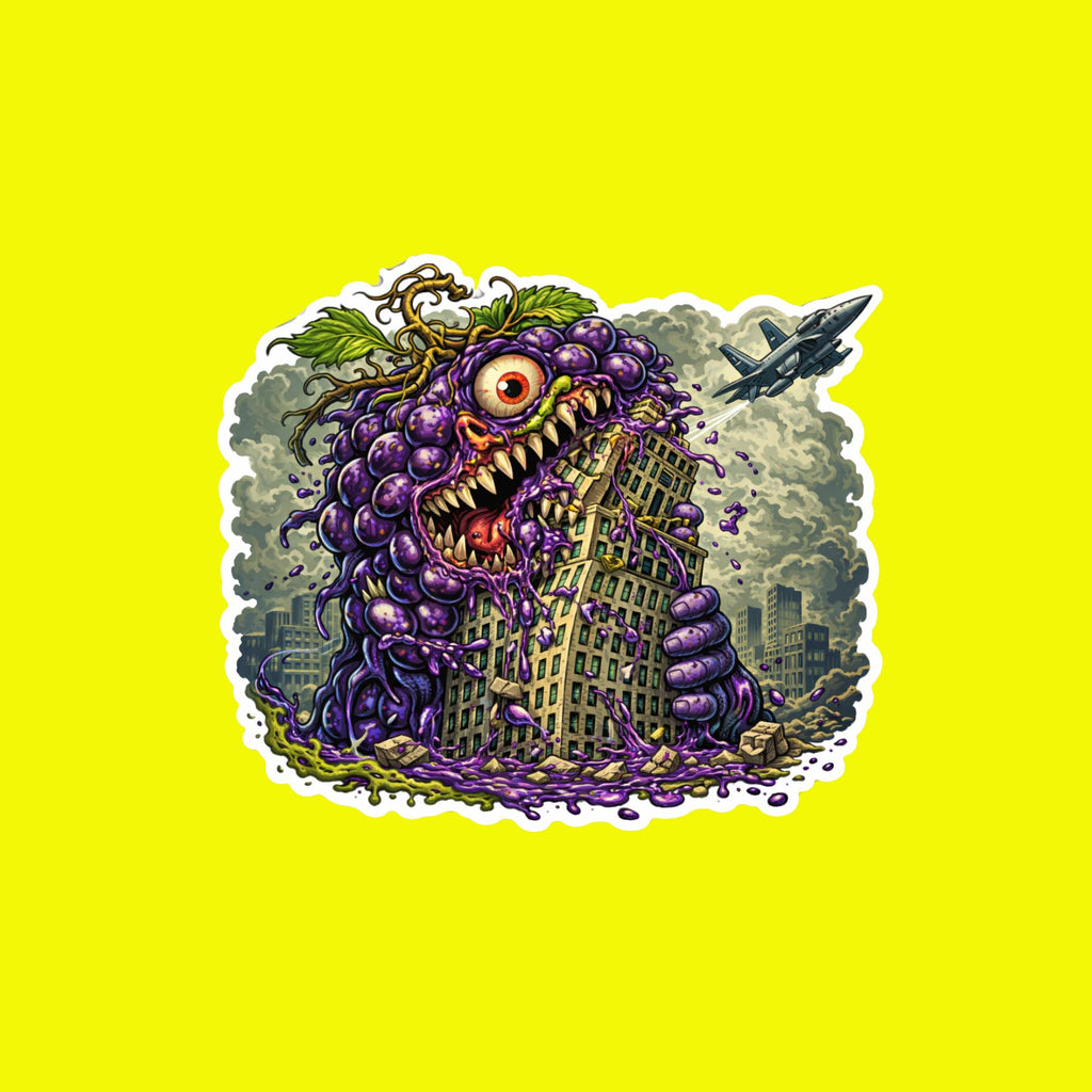 Giant Mutant Grape Monster Sticker, Absurd Food Attack Vinyl Decal