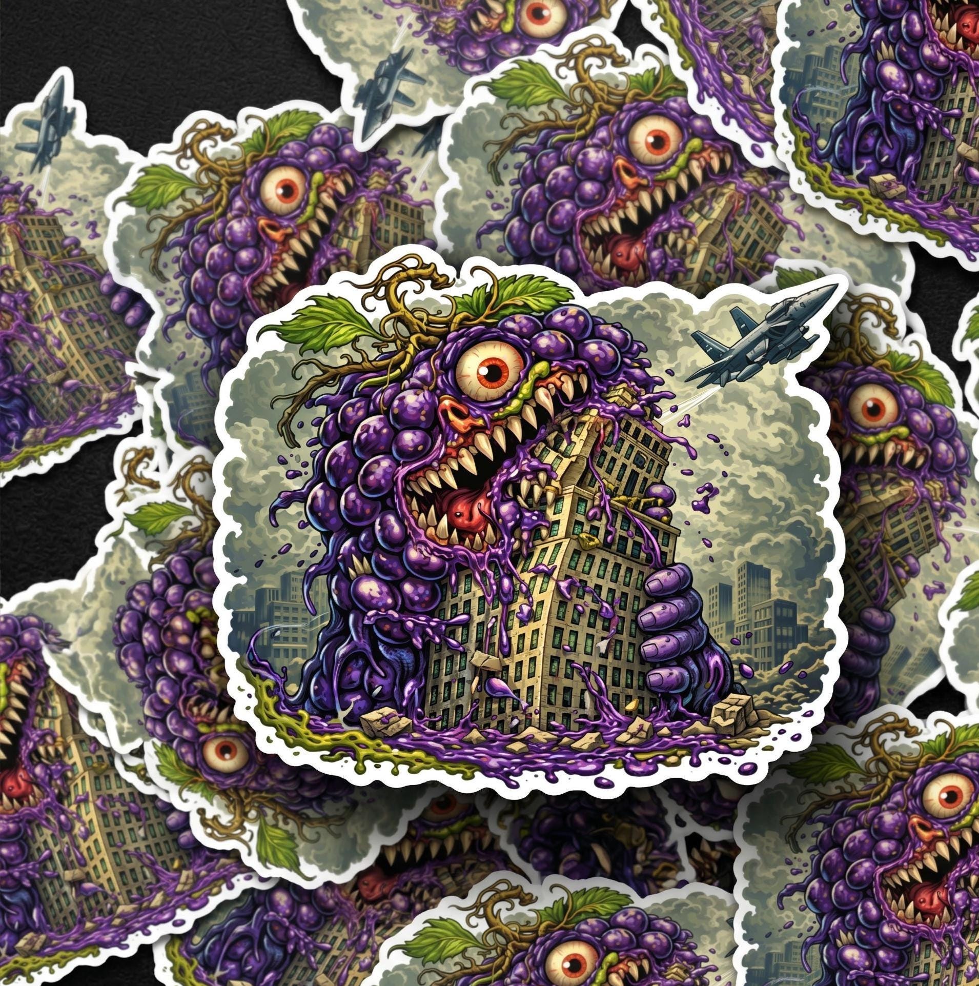 Giant Mutant Grape Monster Sticker, Absurd Food Attack Vinyl Decal