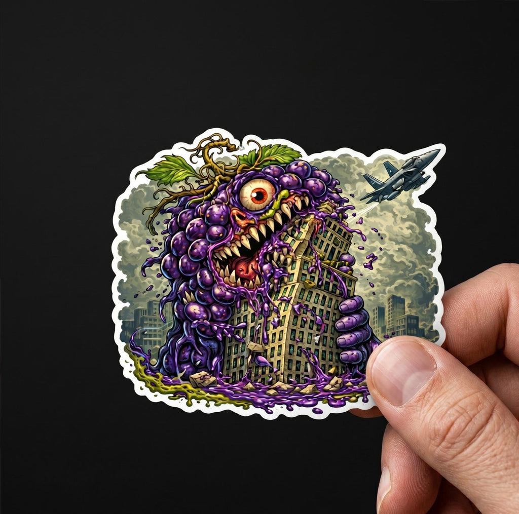 Giant Mutant Grape Monster Sticker, Absurd Food Attack Vinyl Decal