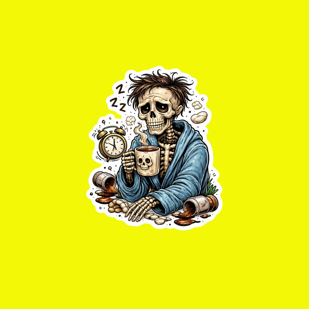Coffee Sticker, Dead Tired Skeleton Man, Funny Exhausted Meme Decal, Burnt Out Grim Reaper Sticker, Relatable Humor for Laptop Water Bottle