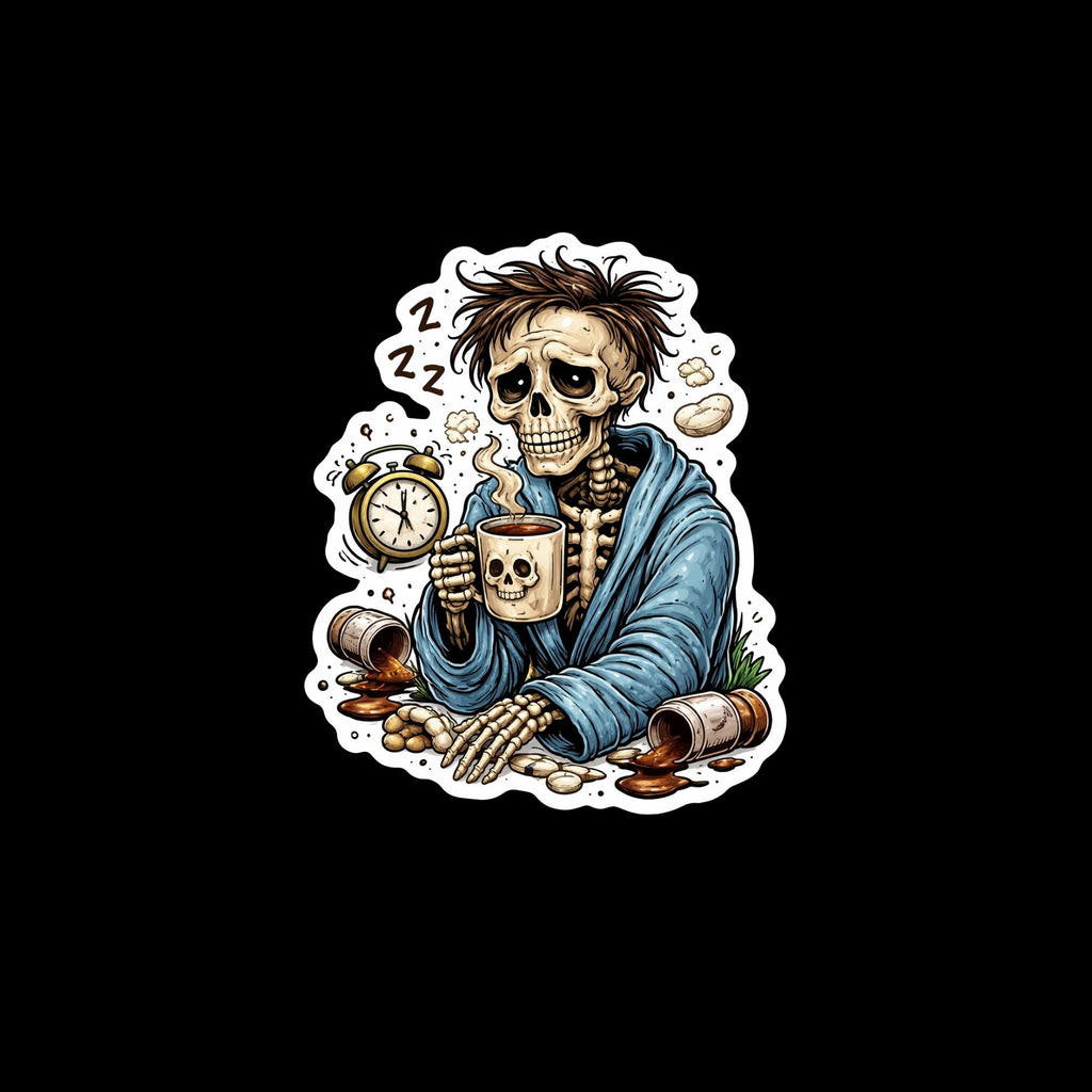 Coffee Sticker, Dead Tired Skeleton Man, Funny Exhausted Meme Decal, Burnt Out Grim Reaper Sticker, Relatable Humor for Laptop Water Bottle