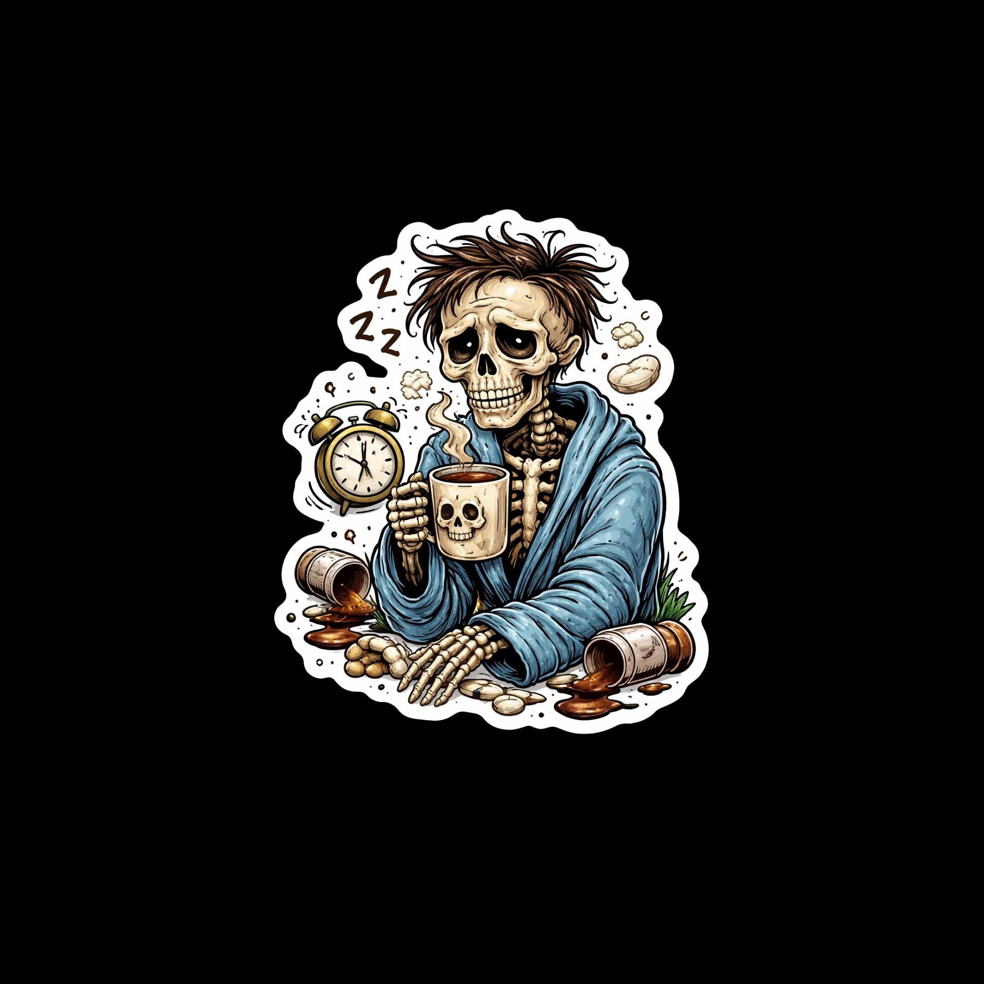 Coffee Sticker, Dead Tired Skeleton Man, Funny Exhausted Meme Decal, Burnt Out Grim Reaper Sticker, Relatable Humor for Laptop Water Bottle