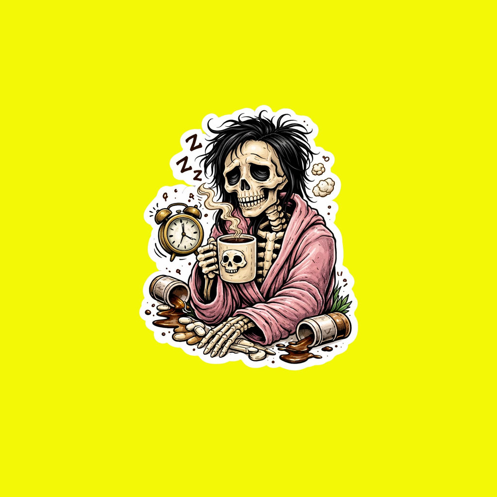 Coffee Sticker, Dead Tired Skeleton, Funny Exhausted Meme Decal, Sleepy Grim Reaper Coffee Sticker, Relatable Humor for Laptop Water Bottle