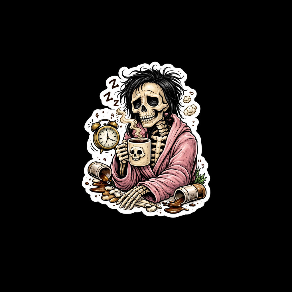Coffee Sticker, Dead Tired Skeleton, Funny Exhausted Meme Decal, Sleepy Grim Reaper Coffee Sticker, Relatable Humor for Laptop Water Bottle