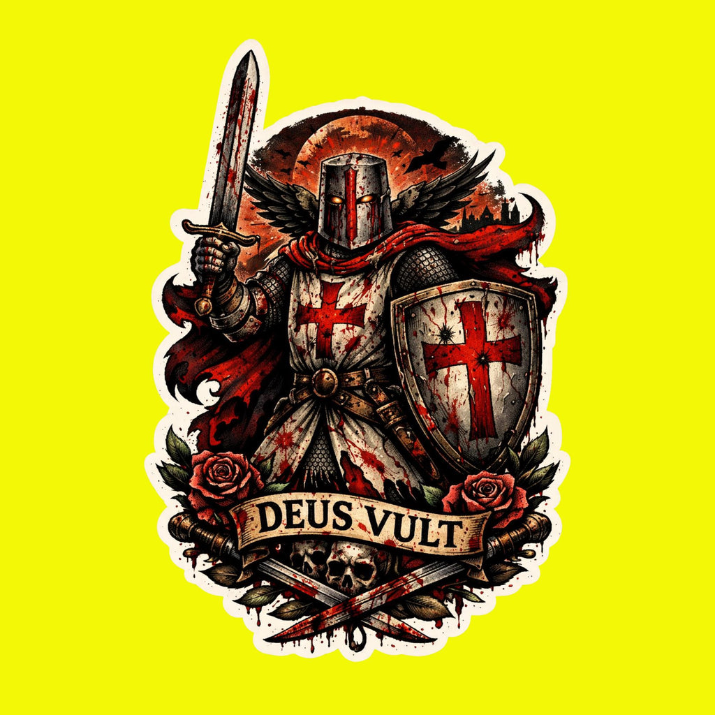 Christian Sticker, Deus Vult Crusader Knight, Medieval Warrior Gothic Art Vinyl Decal