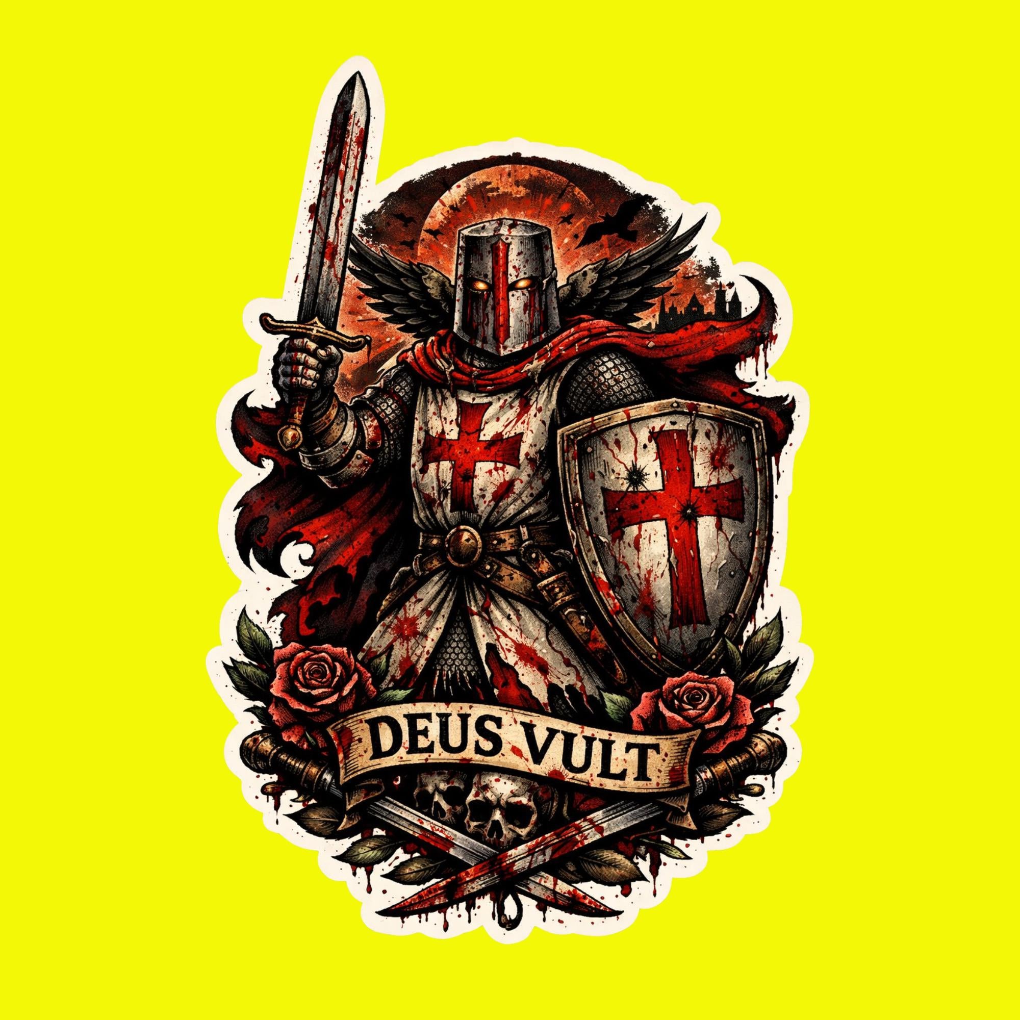 Christian Sticker, Deus Vult Crusader Knight, Medieval Warrior Gothic Art Vinyl Decal