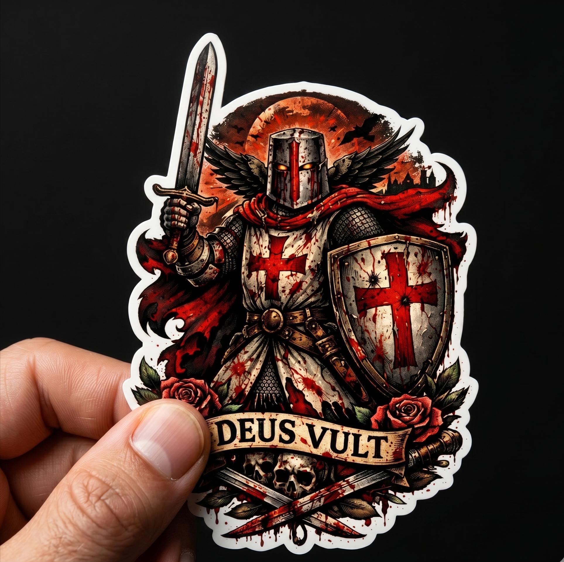Christian Sticker, Deus Vult Crusader Knight, Medieval Warrior Gothic Art Vinyl Decal
