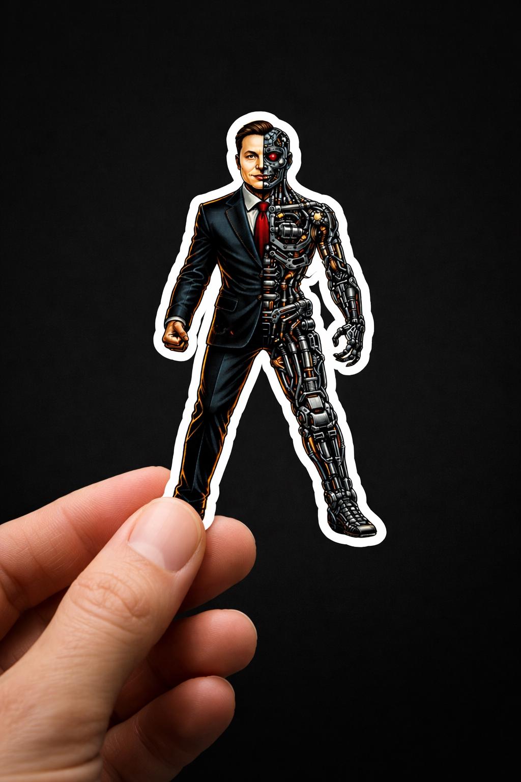 Cyborg Elon Musk Sticker, Futuristic Tech Parody Decal, Sci Fi Humor Laptop Vinyl