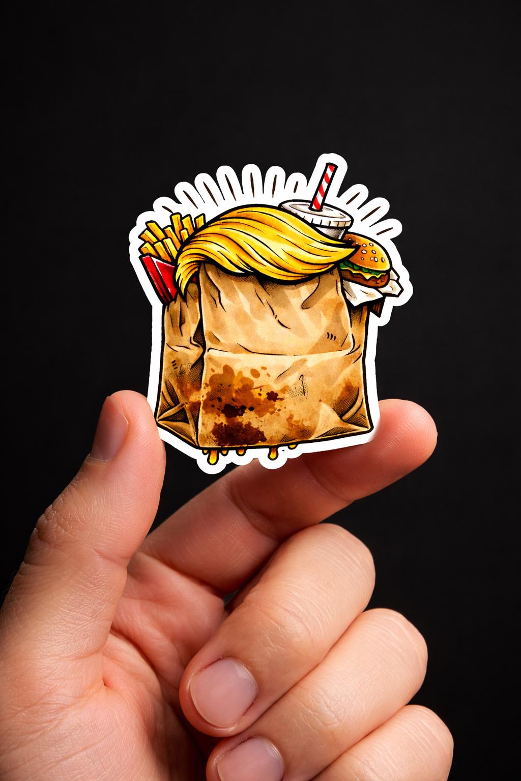 Trump Burger Bag Parody Sticker, Political Humor Decal, Retro Takeout Vinyl Laptop Sticker