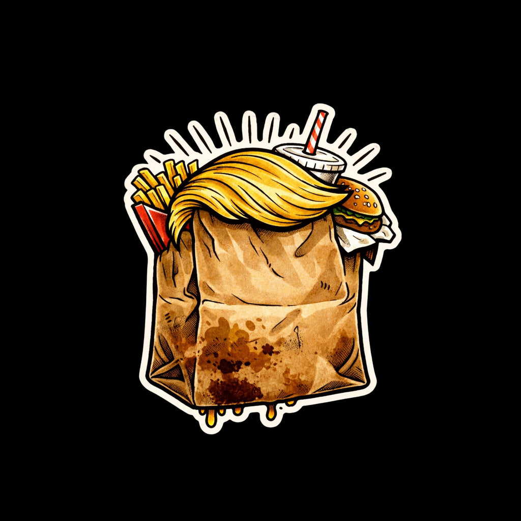 Trump Burger Bag Parody Sticker, Political Humor Decal, Retro Takeout Vinyl Laptop Sticker