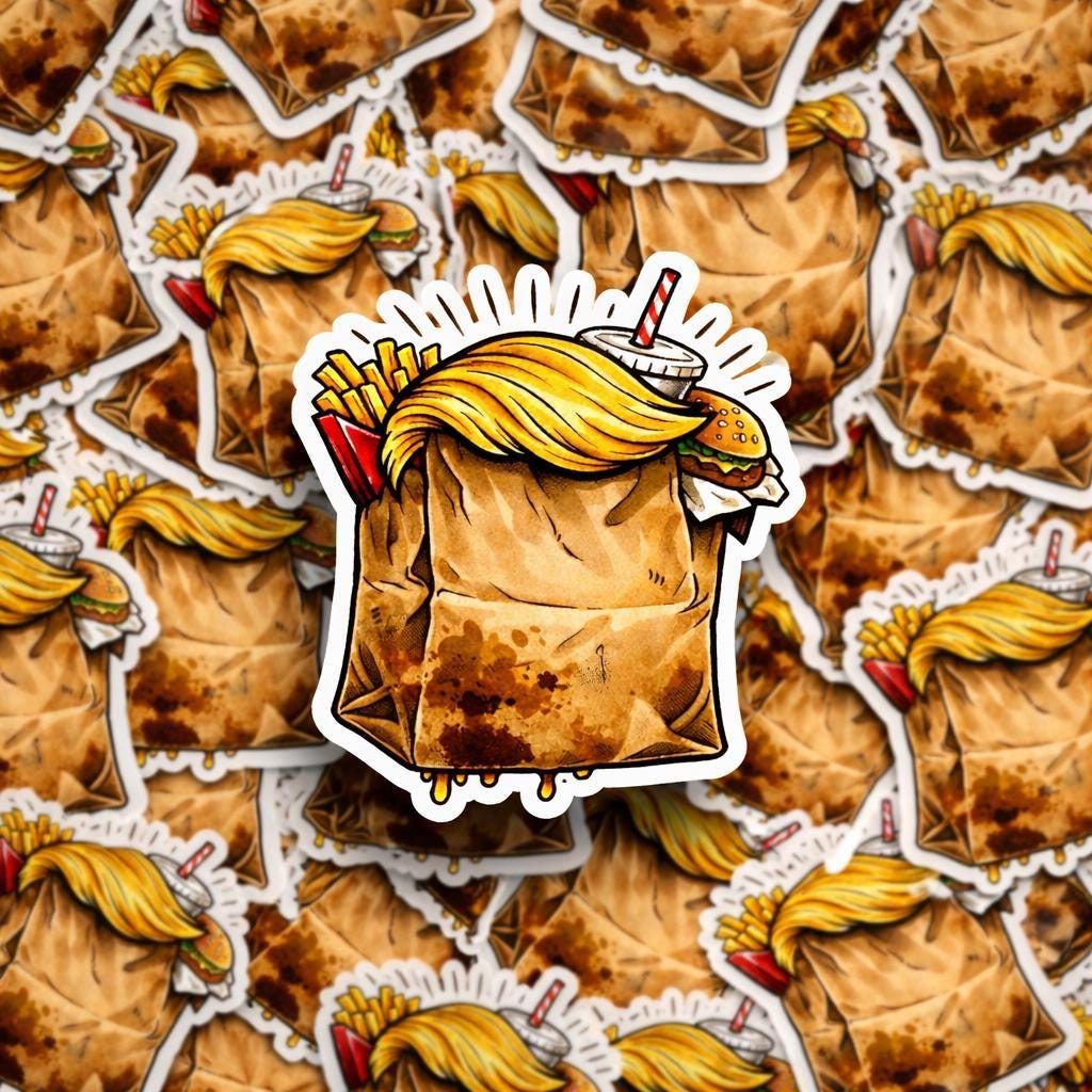 Trump Burger Bag Parody Sticker, Political Humor Decal, Retro Takeout Vinyl Laptop Sticker