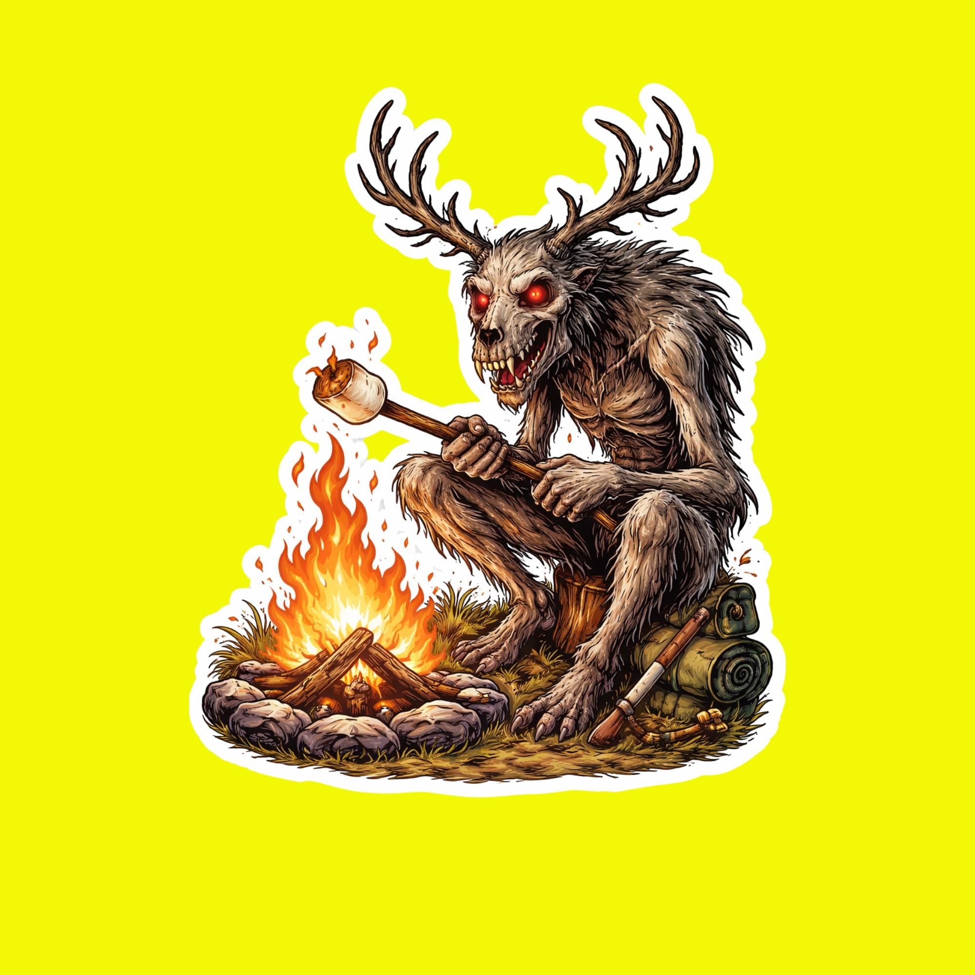 Horror Sticker, Wendigo Campfire Sticker, Cryptid Vinyl Decal, Spooky S'mores Meme Art
