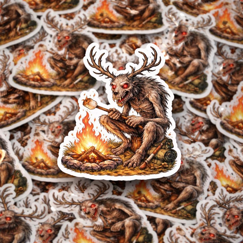 Horror Sticker, Wendigo Campfire Sticker, Cryptid Vinyl Decal, Spooky S'mores Meme Art