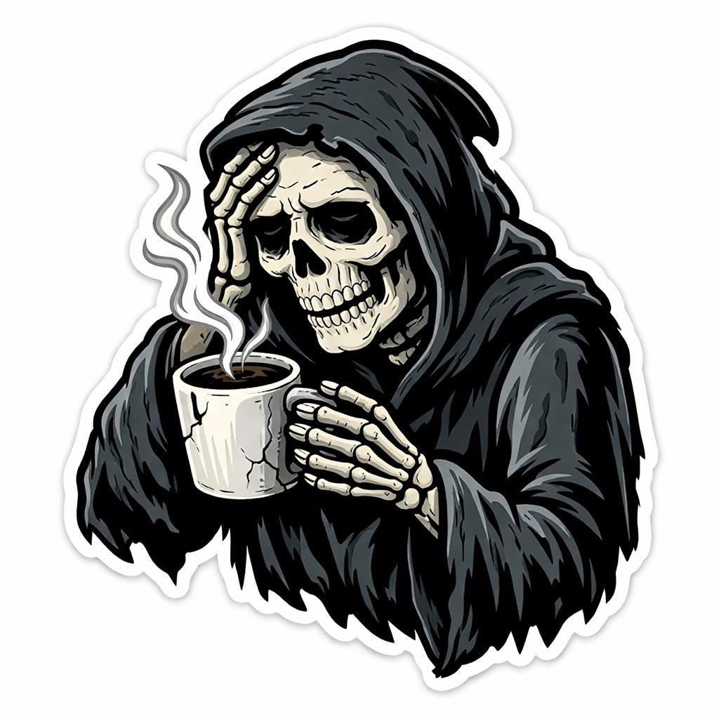 Coffee Sticker, Grim Reaper Coffee Break – Skeleton with Steaming Mug, Dark Humor Die-Cut