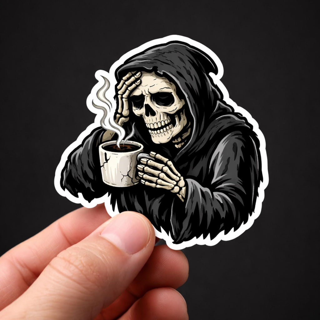 Coffee Sticker, Grim Reaper Coffee Break – Skeleton with Steaming Mug, Dark Humor Die-Cut