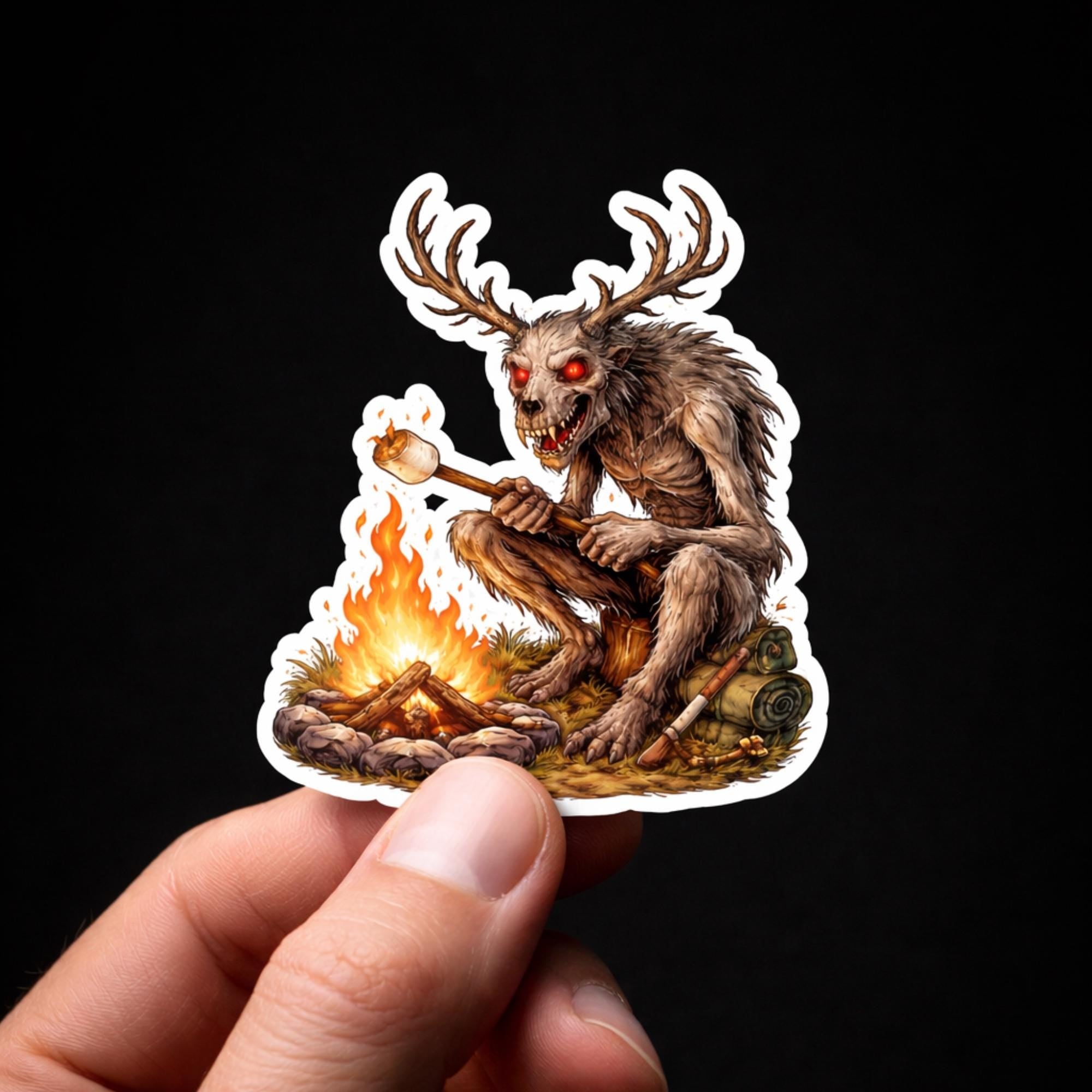 Horror Sticker, Wendigo Campfire Sticker, Cryptid Vinyl Decal, Spooky S'mores Meme Art