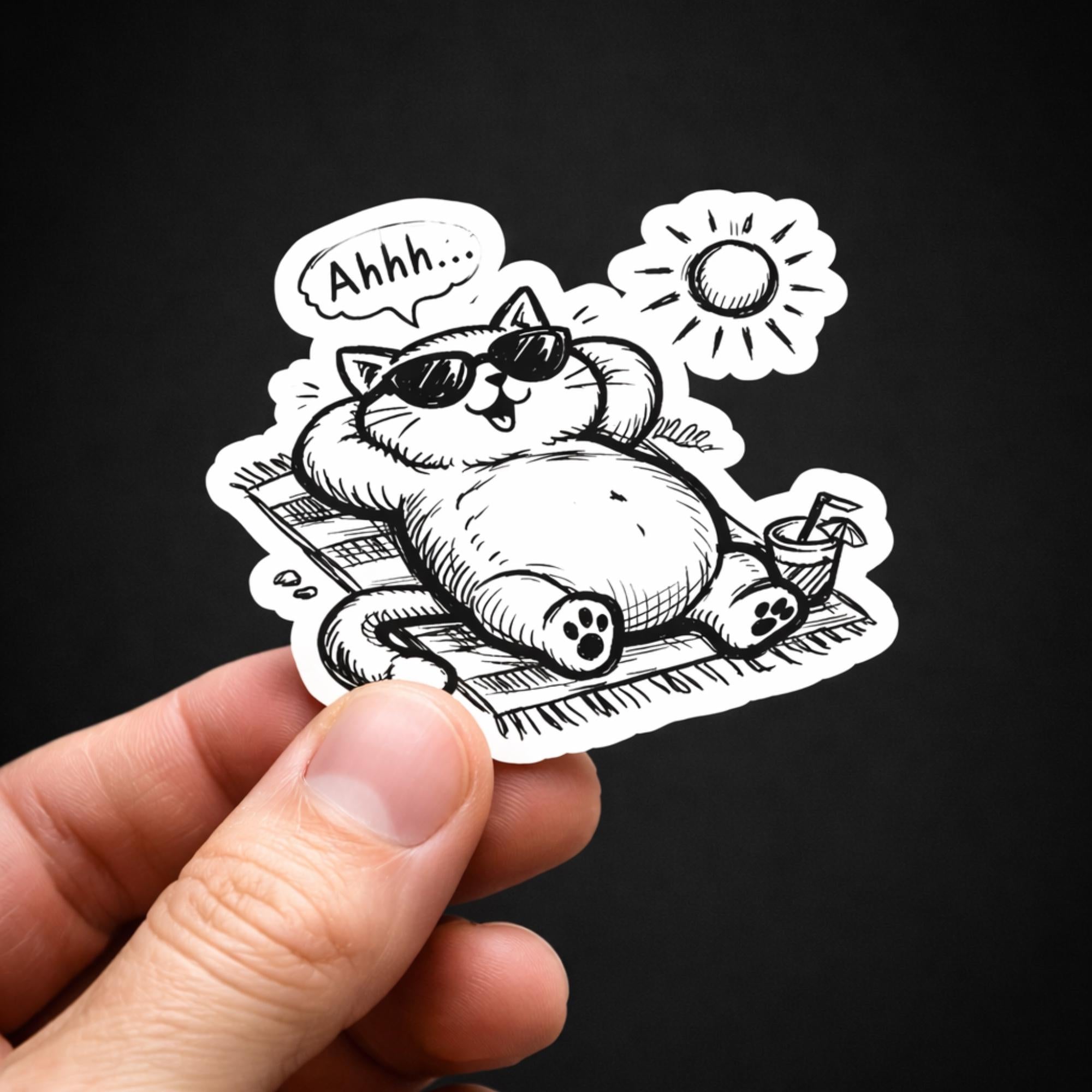 Water Bottle Sticker, Black and White Lazy Cat, Sunbathing Kitty Vinyl Decal