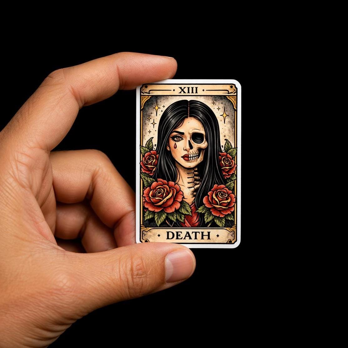 Gothic, Death Tarot Card Sticker, Skull Woman Crying Decal, Dark Feminine Sticker, Occult Art Sticker for Laptop Water Bottle
