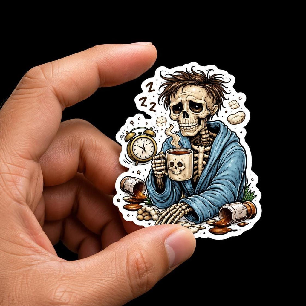 Coffee Sticker, Dead Tired Skeleton Man, Funny Exhausted Meme Decal, Burnt Out Grim Reaper Sticker, Relatable Humor for Laptop Water Bottle
