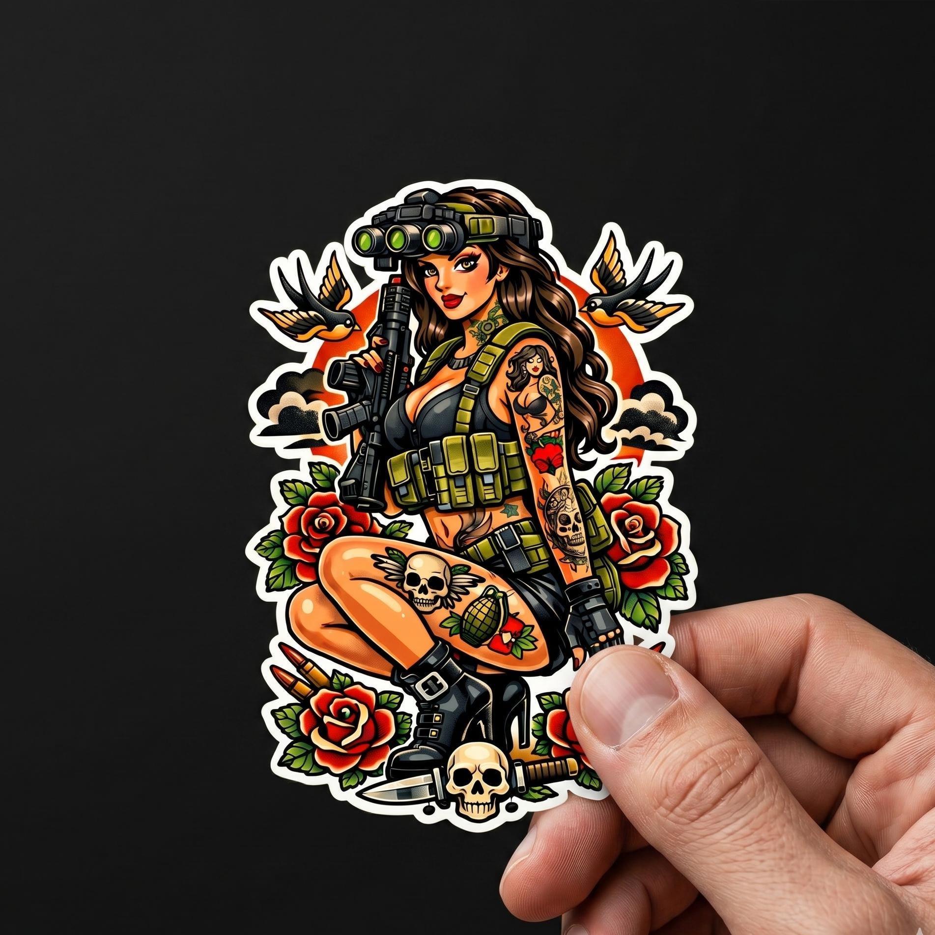 Laptop Sticker Tactical Traditional Tattoo Military Woman Decal, Vintage Pinup Girl Sticker, Gothic Aesthetic for Laptop Water Bottle