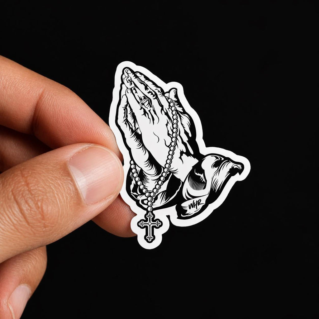 Praying Hands Rosary Sticker, Tattoo Style Christian Decal, Faith Laptop Water Bottle