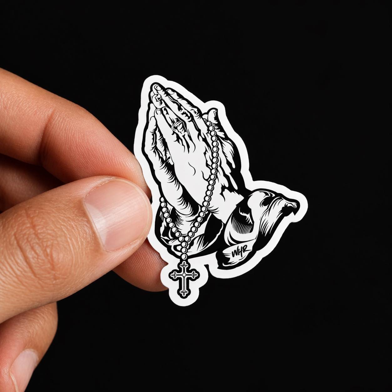 Praying Hands Rosary Sticker, Tattoo Style Christian Decal, Faith Laptop Water Bottle