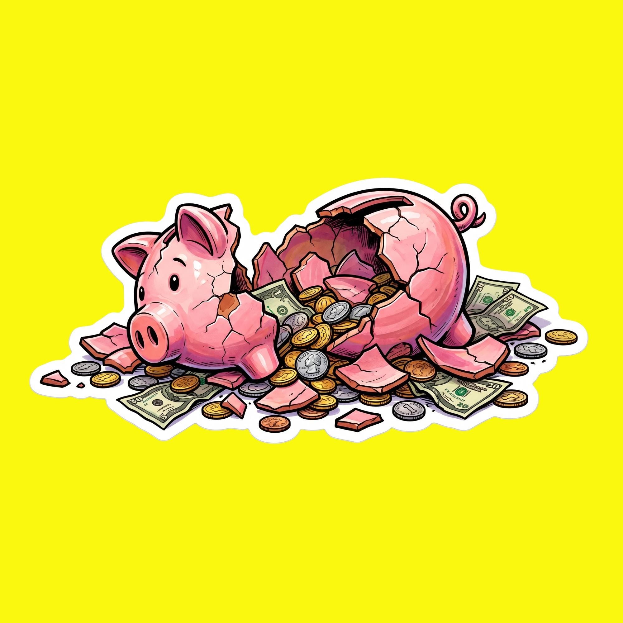 Broken Piggy Bank Sticker, Funny Money Decal, Budget Humor Vinyl Die Cut