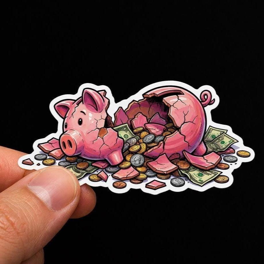 Broken Piggy Bank Sticker, Funny Money Decal, Budget Humor Vinyl Die Cut