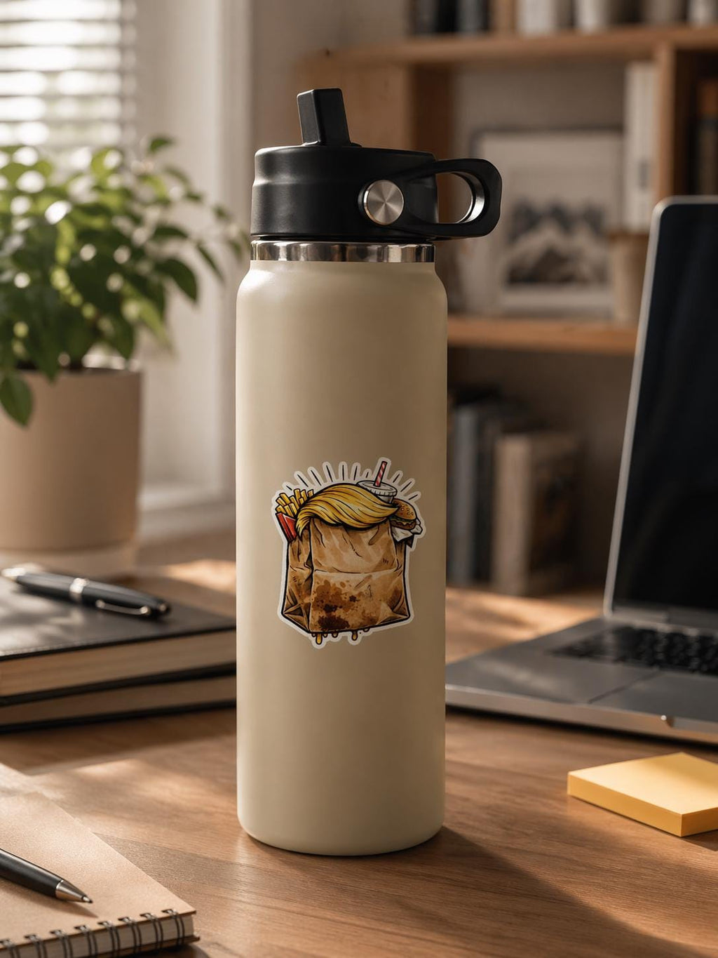 Trump Burger Bag Parody Sticker, Political Humor Decal, Retro Takeout Vinyl Laptop Sticker