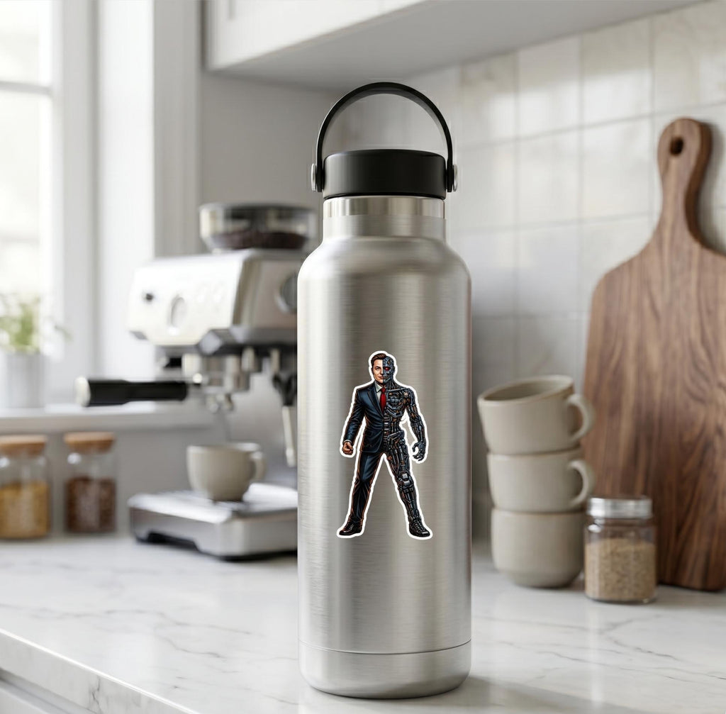 Cyborg Elon Musk Sticker, Futuristic Tech Parody Decal, Sci Fi Humor Laptop Vinyl