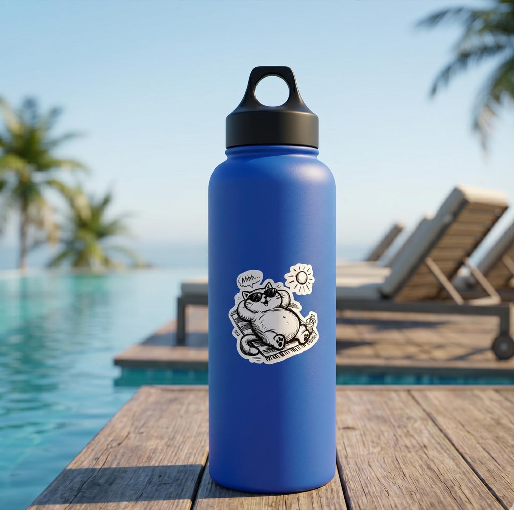 Water Bottle Sticker, Black and White Lazy Cat, Sunbathing Kitty Vinyl Decal