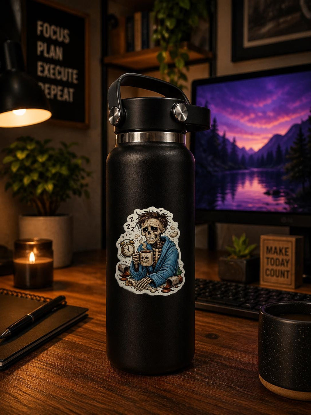 Coffee Sticker, Dead Tired Skeleton Man, Funny Exhausted Meme Decal, Burnt Out Grim Reaper Sticker, Relatable Humor for Laptop Water Bottle